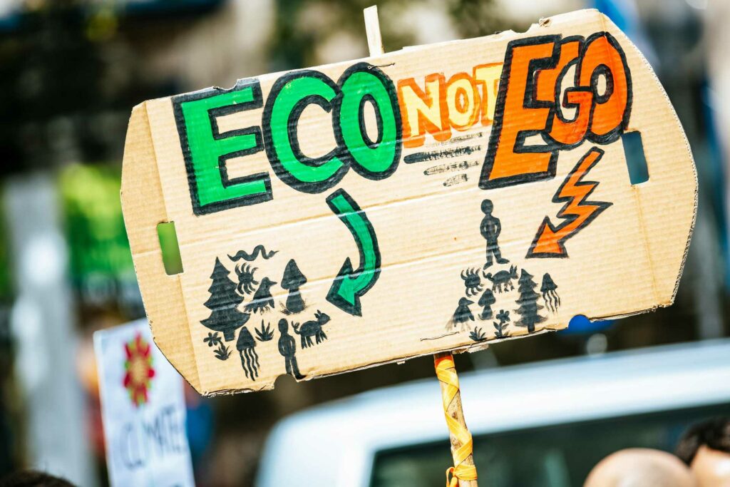 Image montrant un panneau au sein d'une manifestation. Le panneau porte l'inscription : "Eco, not Ego".